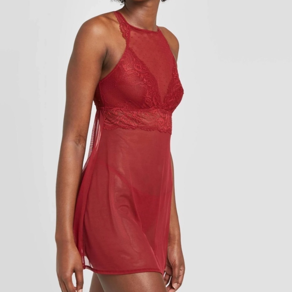 Unlined High Neck Babydoll sheer Lace Red Lingerie
